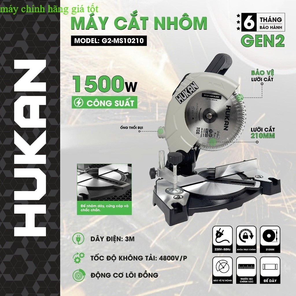 Máy cắt nhôm HUKAN G2-MS10210, 1500W Dùng dây Curoa, Đường kính đĩa 210mm // Máy chính hãng GT