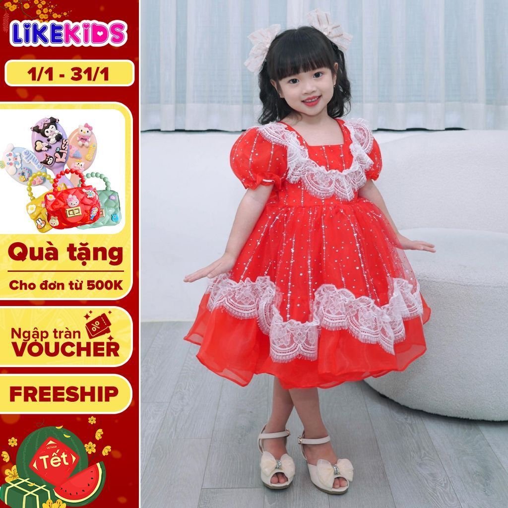 Đầm công chúa tiểu thư dạng lưới xòe cho bé gái họa tiết REN VIỀN KIM SA L40 bồng bềnh - LikeKids