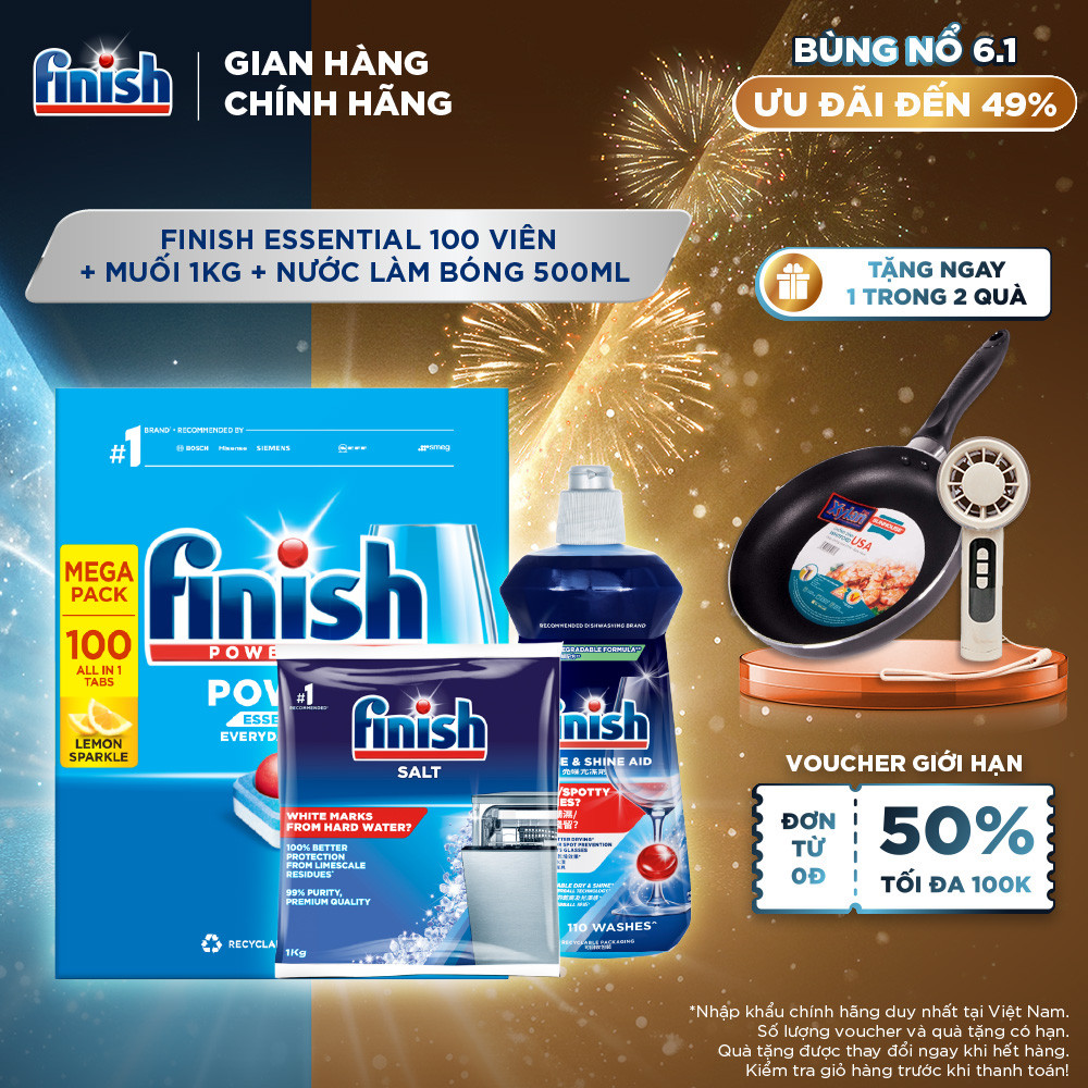  Combo Finish tiện lợi 2: Hộp 100 Viên Rửa Bát Essential + Nước Làm Bóng Finish 500ml + Muối Rửa Chén Finish Salt 