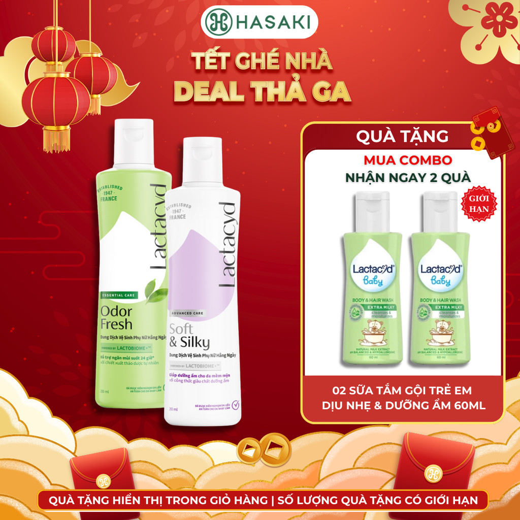 Combo Dung Dịch Vệ Sinh Phụ Nữ Lactacyd Ngăn Mùi 24H + Dưỡng Ẩm 250mlx2 Odor Fresh + Soft & Silky Ha