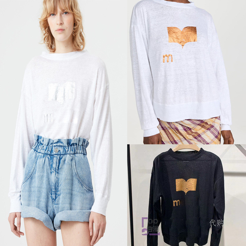 DAEG Isabel Marant Versatile New French Fashion Casual Gold Stamping Letter Print Bamboo Cotton Roun