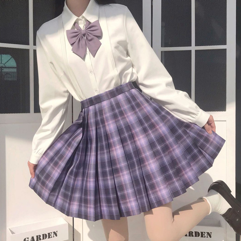 Đồng phục JK Nhật Bản - Váy caro màu tím chữ A lưng cao, phong cách preppy nữ