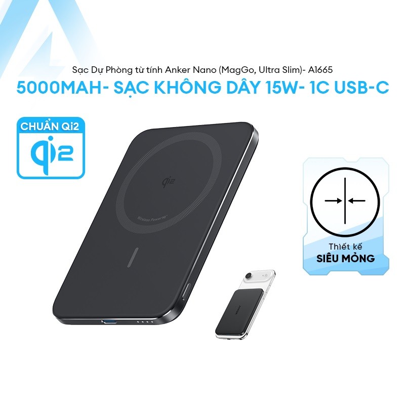 Pin Sạc Dự Phòng Anker Nano 5000mAh A1665 MagGo Slim (Qi2 15W, Siêu Mỏng)