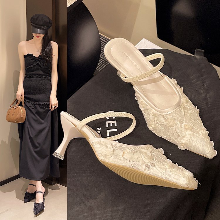 Giày Cao Gót Nữ Mũi Nhọn Ren Thời Trang Plus Size Dép 35-41