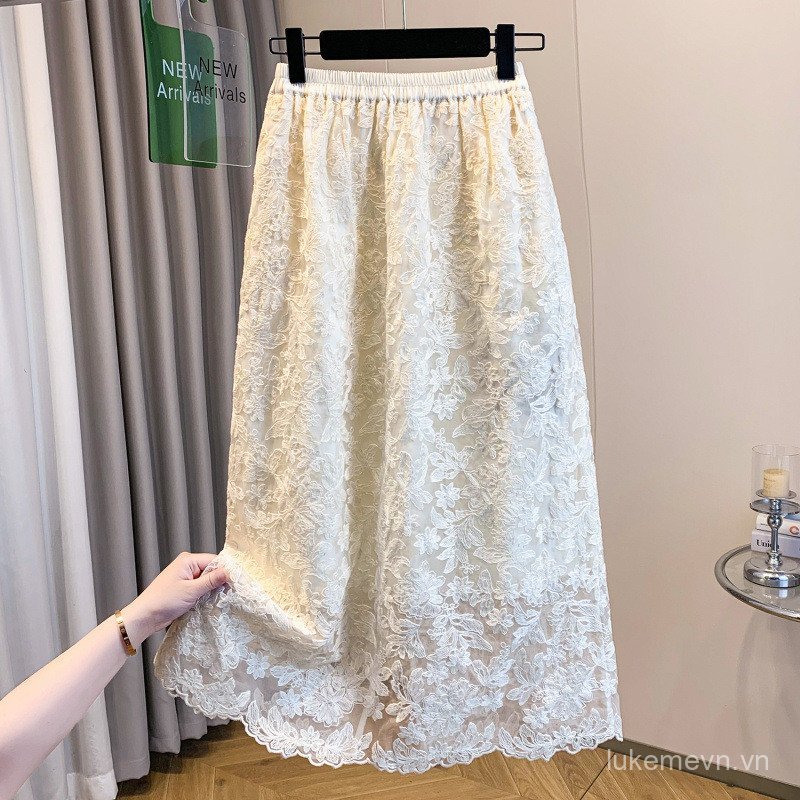 Spring vintage solid color artistic double-layer lace peony floral embroidered elastic waist holiday