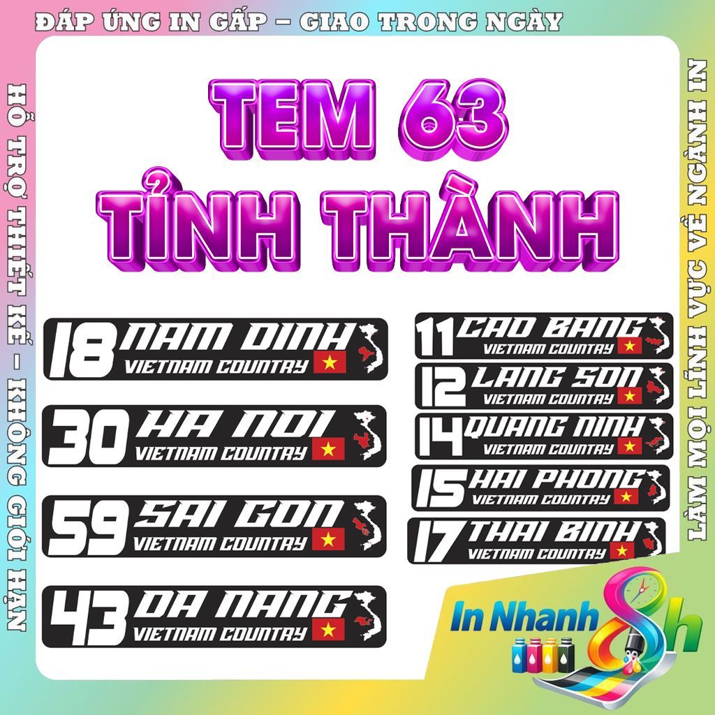 Tem Tỉnh Thành Việt Nam, Tem Dán Xe Performance 63 Tỉnh Thành, Chất Liệu UV DTF Cao Cấp, Chống Nước