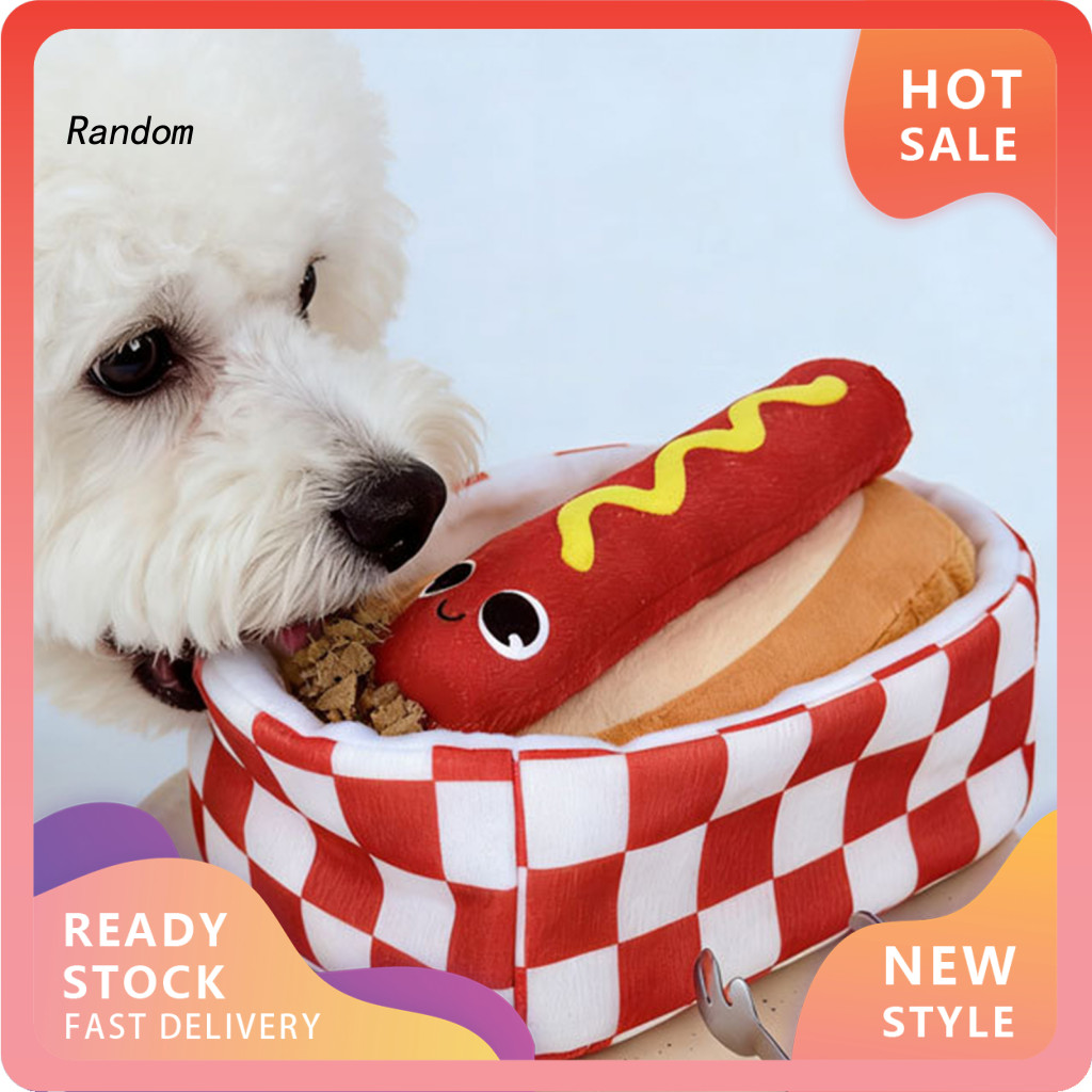 RAN Hot Dog Bun Shape Dog Toy Plush Dog Snuffle Toy Squeaky Plush Hot Dog Bun Dog Toy with Crinkle P
