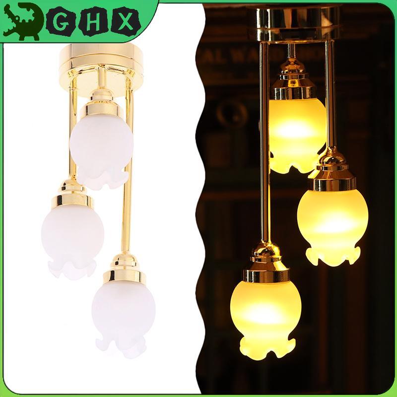 GHX 1: 12 Nhà Búp Bê Đèn Pha LED Thu Nhỏ Đèn Trần Bud 3 Đầu Búp Bê Nhà Phòng Khách Trang Trí Phòng N