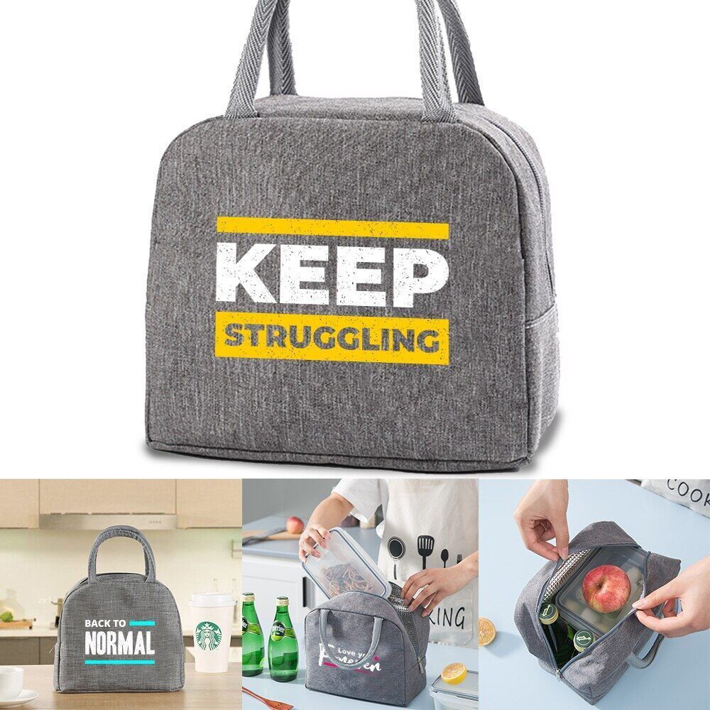 Lunch Bag Women Kids Food Thermal Lunch Box Insulated Canvas Cooler Bags  Phrase Print Handbag Porta