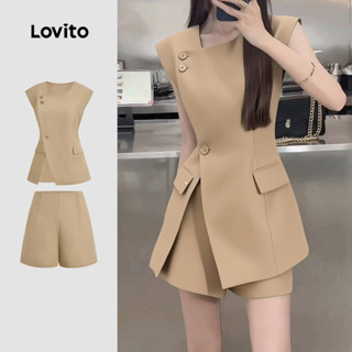  Lovito Bộ đồ shorts thanh lịch có nút bất đối xứng cho mùa xuân hè gồm áo khaki và shorts L143ED078 