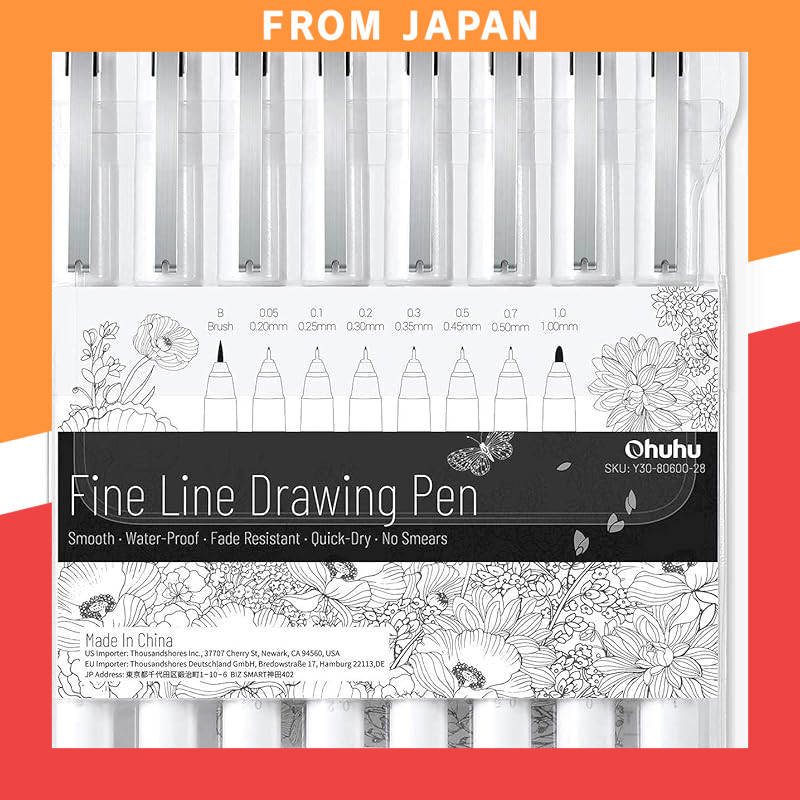 Ohuhu Micro Pen Set - 8 Fine-Line Drawing Pens, Line Drawing Pens with Tip Sizes 0.05 to 1.0mm, Brus