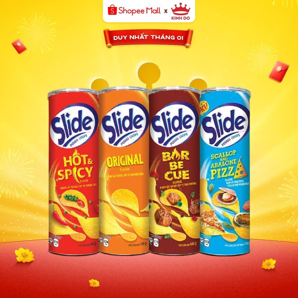  VC 15%  Bánh Lát Snack Khoai Tây Slide Vị Ngẫu Nhiên Combo 4 Lon x145g - LIVE 