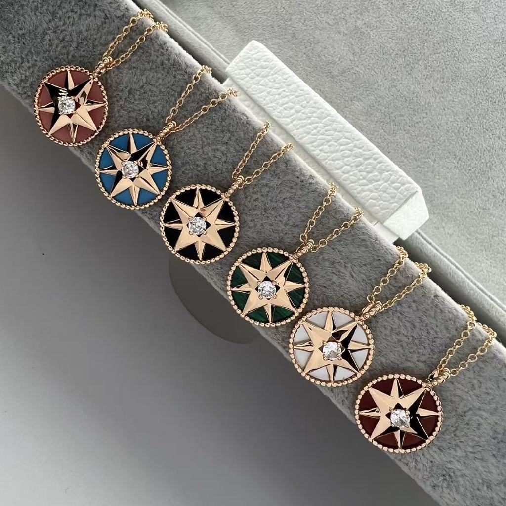 DI# v Golden Compass Eight-Pointed Star Necklace for Women Collarbone Chain White Mother-of-Pearl Ag