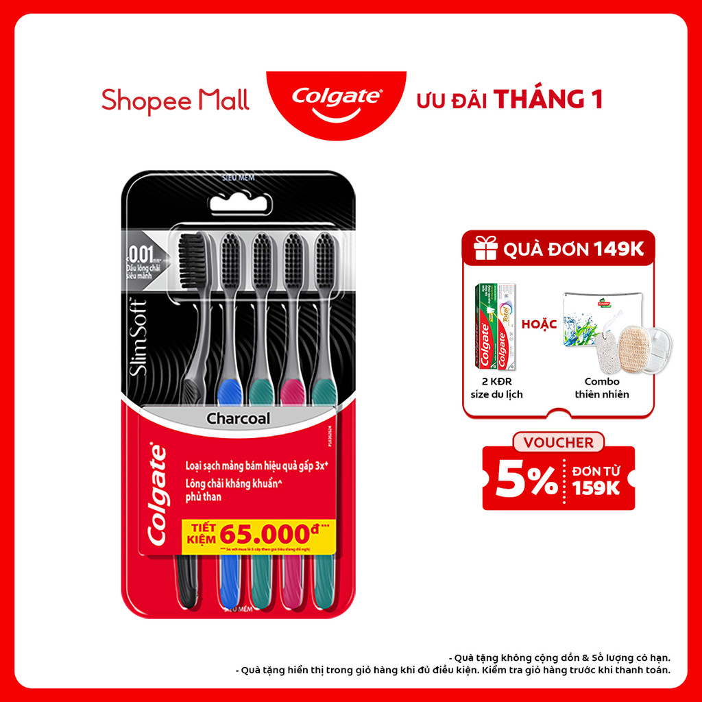  Bộ 5 Bàn chải Colgate SlimSoft Charcoal than hoạt tính kháng khuẩn siêu mềm mảnh 