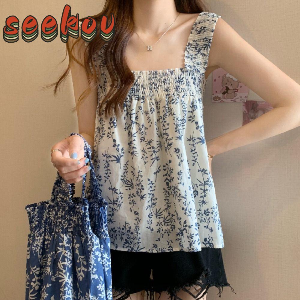 Áo Seekov không tay cổ vuông style boho, dáng chữ A hoa văn