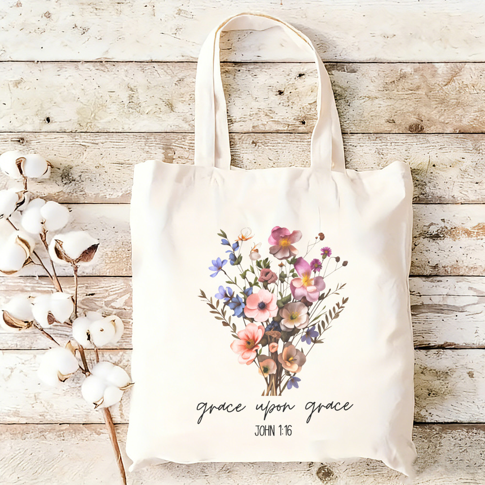 Túi Tote vải công suất lớn dành cho nữ Họa tiết hoa John 1: 17 In màu be Hồng Reu