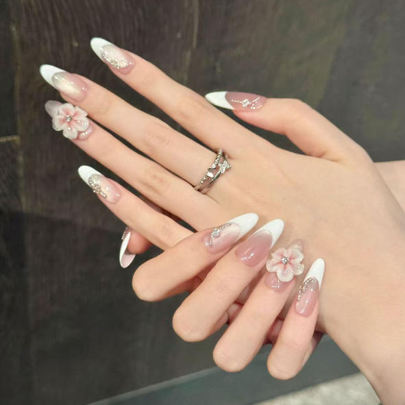 Cat Eye French Almond Bộ móng tay giả có keo dán Móng tay giả Ấn vào móng tay