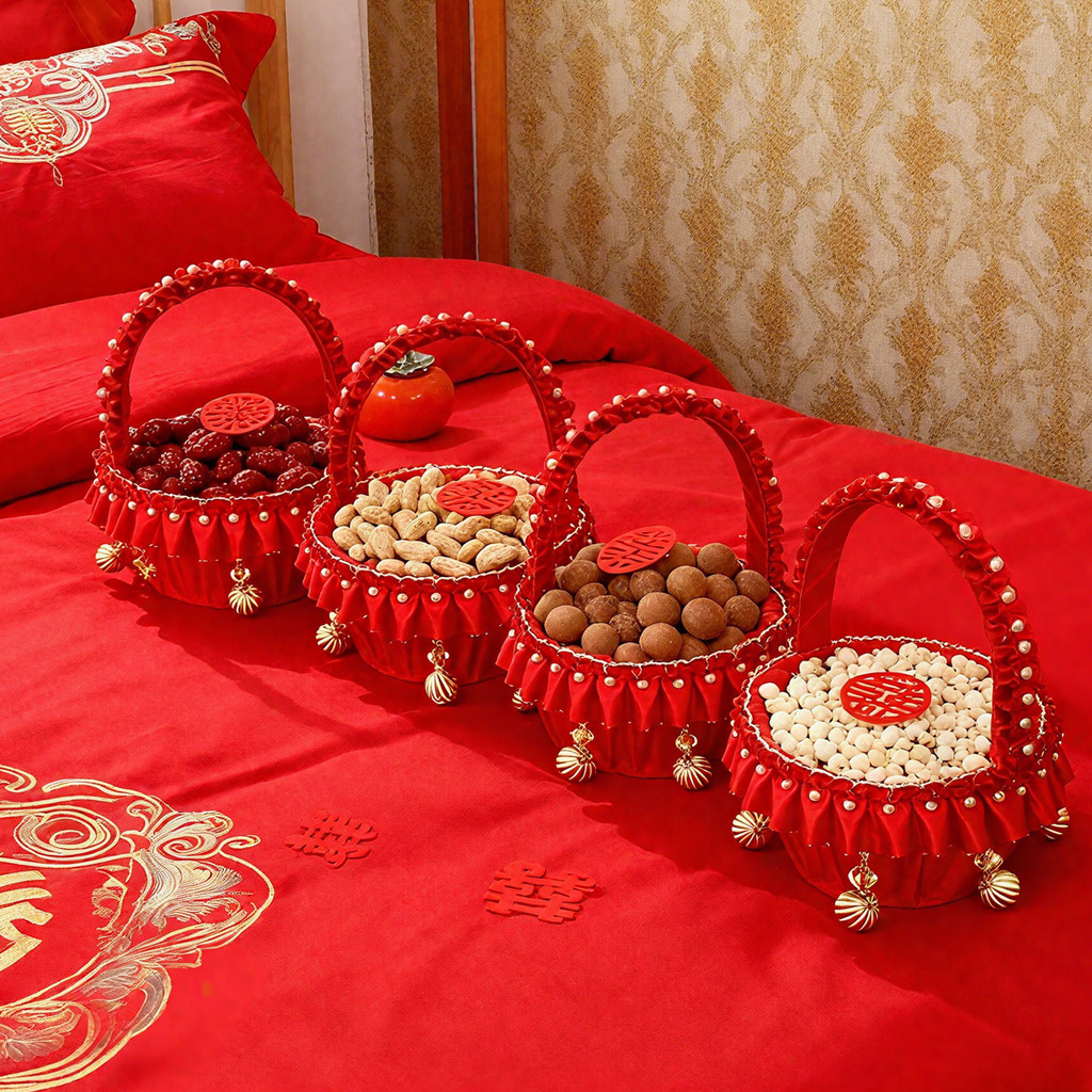 Tai Trẻ Em Sớm Màu Đỏ Vui Vẻ Giỏ Đám Cưới Trung Quốc Nổi Giường Giỏ Hoa Taobao Đồ Cưới Tinh Tế Đám C