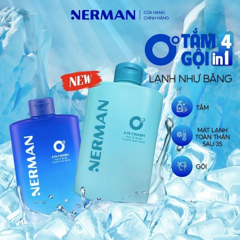 "Sữa tắm gội NERMAN 0 Độ 4in1 330ml - Dưỡng ẩm và hương nước hoa quyến rũ cho làn da."