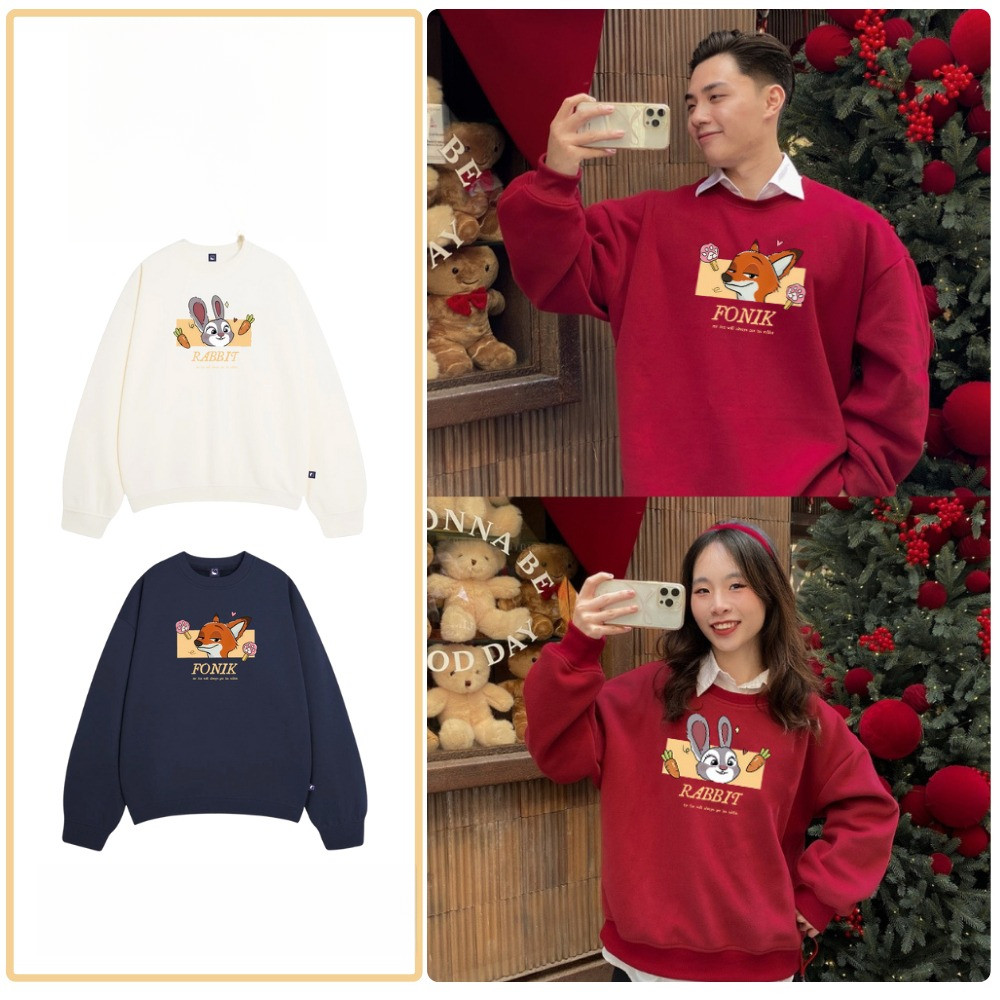 COD (Giao hàng trong 24 giờ)MIEMIE. Áo Sweater Couple Đôi Nỉ Lông Cáo STUDIO In Hình Cặp Đôi Cáo Và 