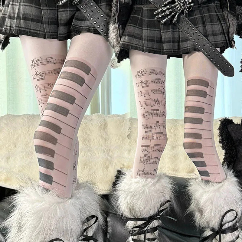 Gothic Styles Y2k Music Note Piano Keys Patterned Pantyhose - Thời trang Thoáng khí Co Giãn Đen Trắn