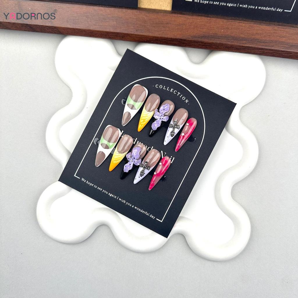 French Long Press on Nails with Flower Decor Prevailing Natural Look Press-On Nail Set cho hàng ngày