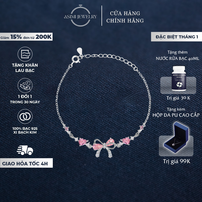  Lắc tay bạc nữ nơ hồng Daisy Asimi vòng tay bạc Ý S925 dịu dàng trong veo Daisy Róse LT43 