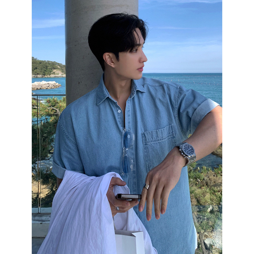 MYQ Washed Denim Short Sleeve Shirt Men's Summer Loose Casual Shirt Commuting Style Retro Outfit