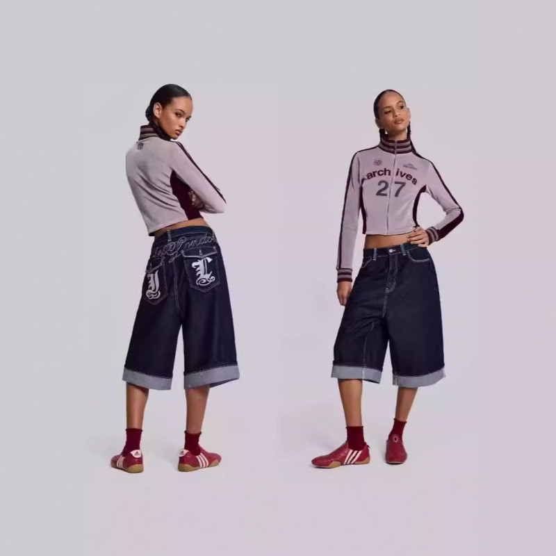 0VLR Jaded London Women's New Wide-Leg Embroidered Jeans Versatile Printed Six-Point Pants Denim Sho