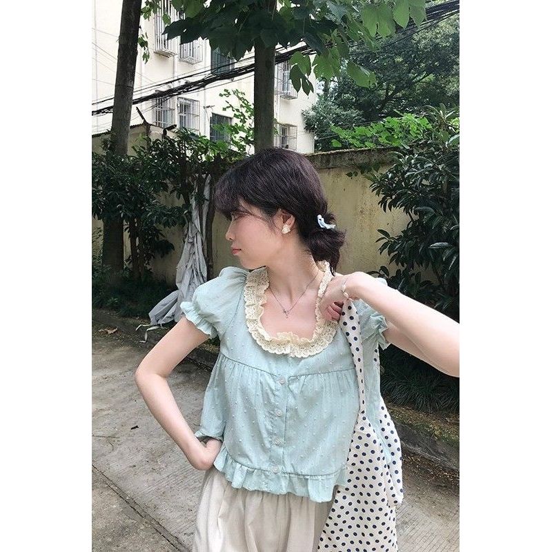 Áo sơ mi tay phồng dễ thương Áo sơ mi màu bạc hà Áo sơ mi kiểu Pháp Áo sơ mi ren Áo sơ mi nhỏ cổ vuô