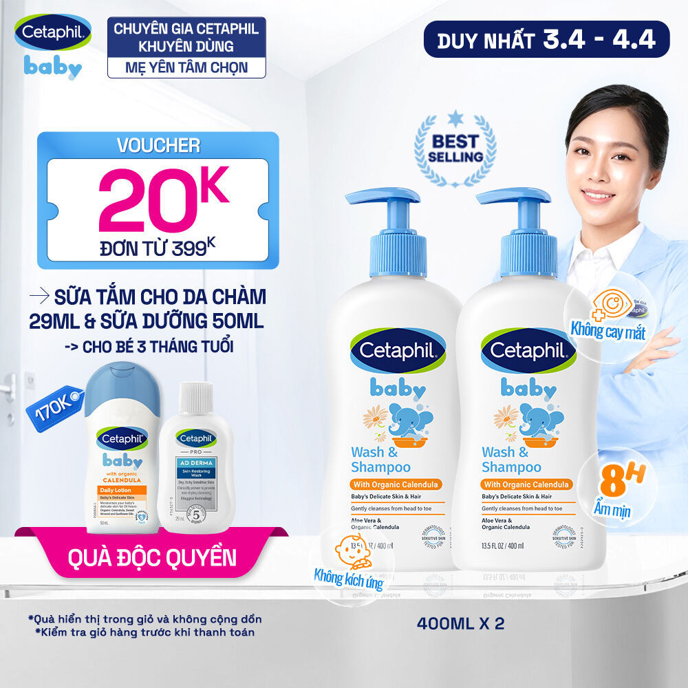 Combo 2 Sữa tắm dưỡng ẩm dịu lành cho bé Calendula hoa cúc hữu cơ CETAPHIL BABY W&SHAMPOO CALENDULA 