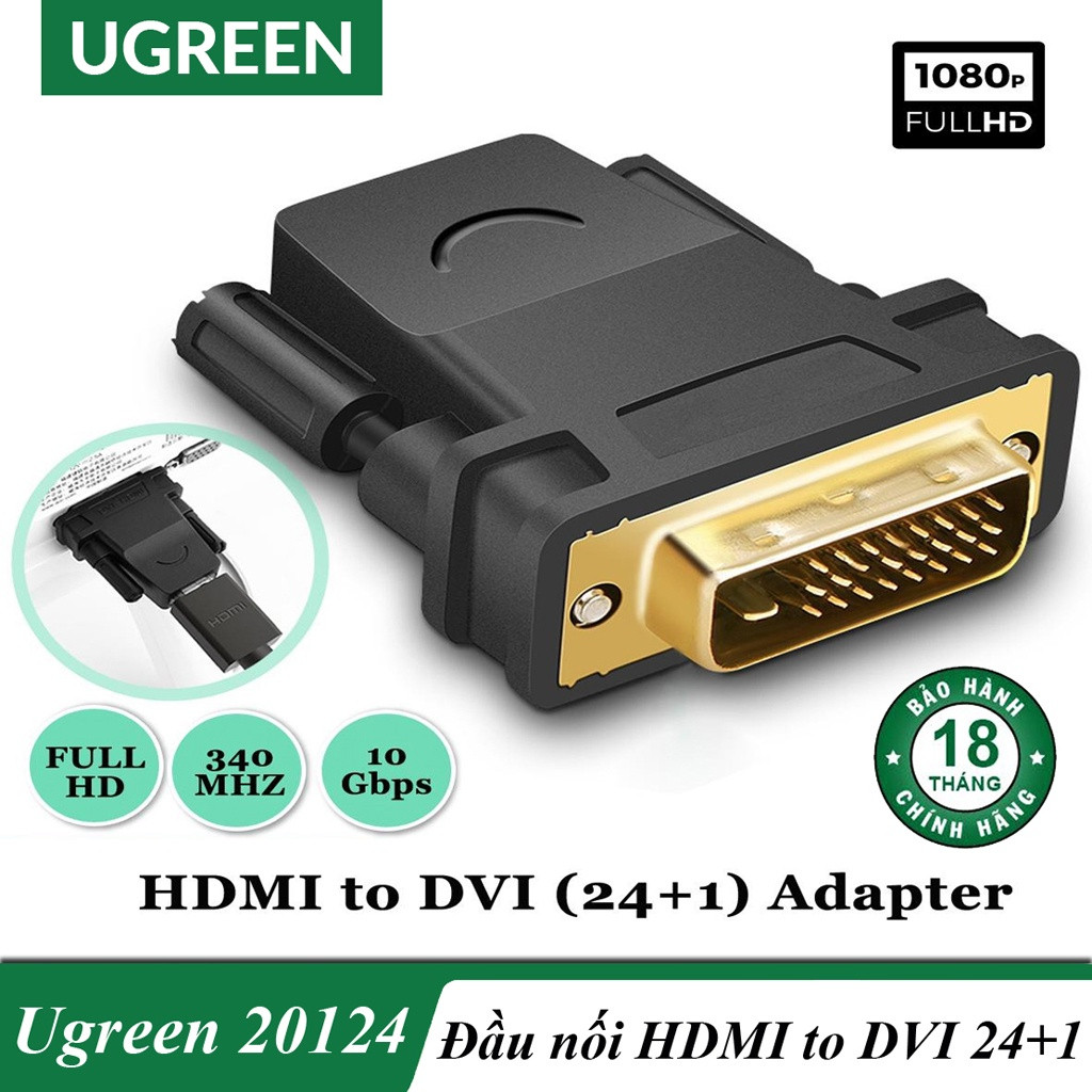 Đầu Chuyển Đổi HDMI to DVI 24+1 Ugreen 20124 FeMale -><-DVI Male,dùng 2 chiều