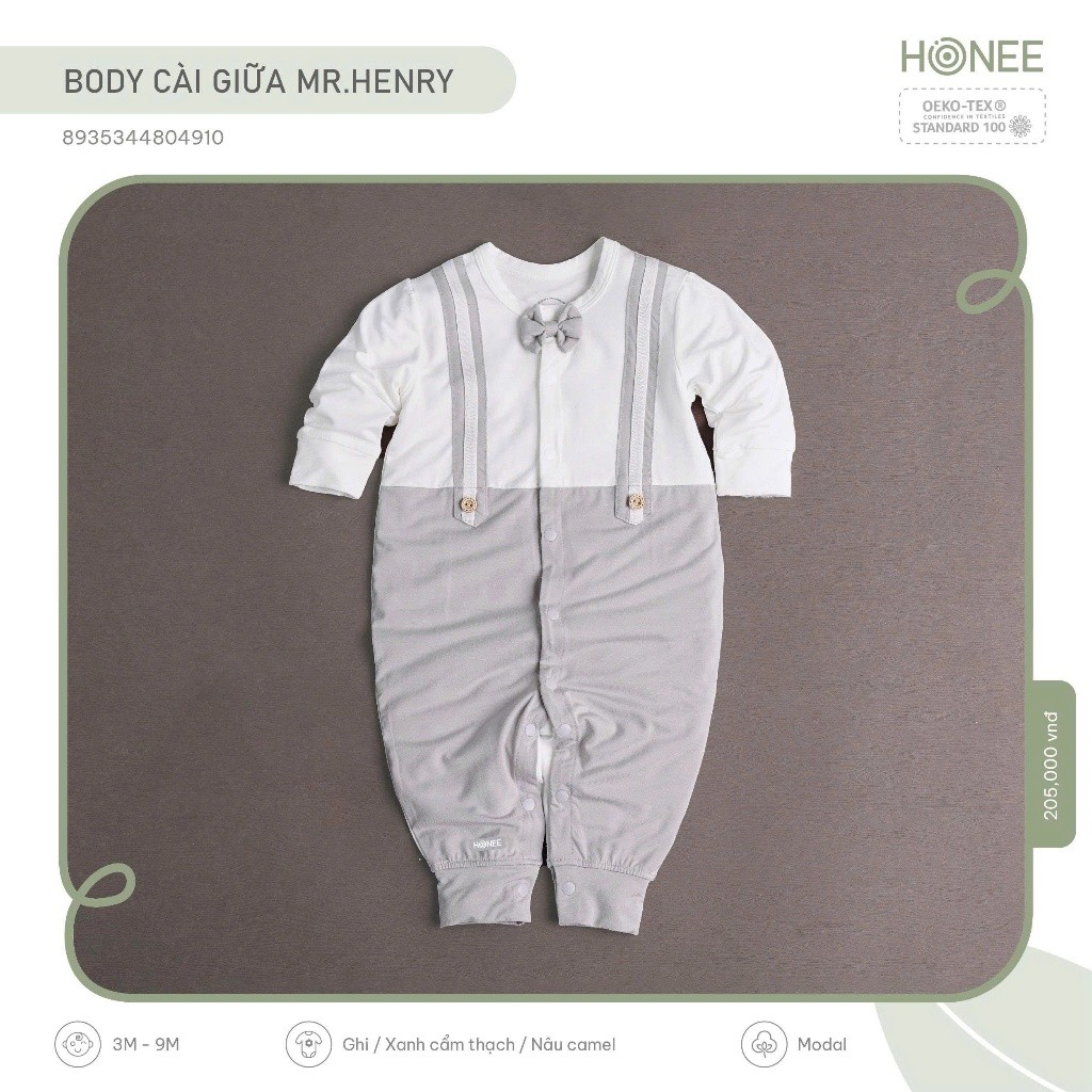 Bộ body vest cài giữa Mr.Henry Honee vải Modal mềm mịn cho bé trai sơ sinh 3–9M có nơ