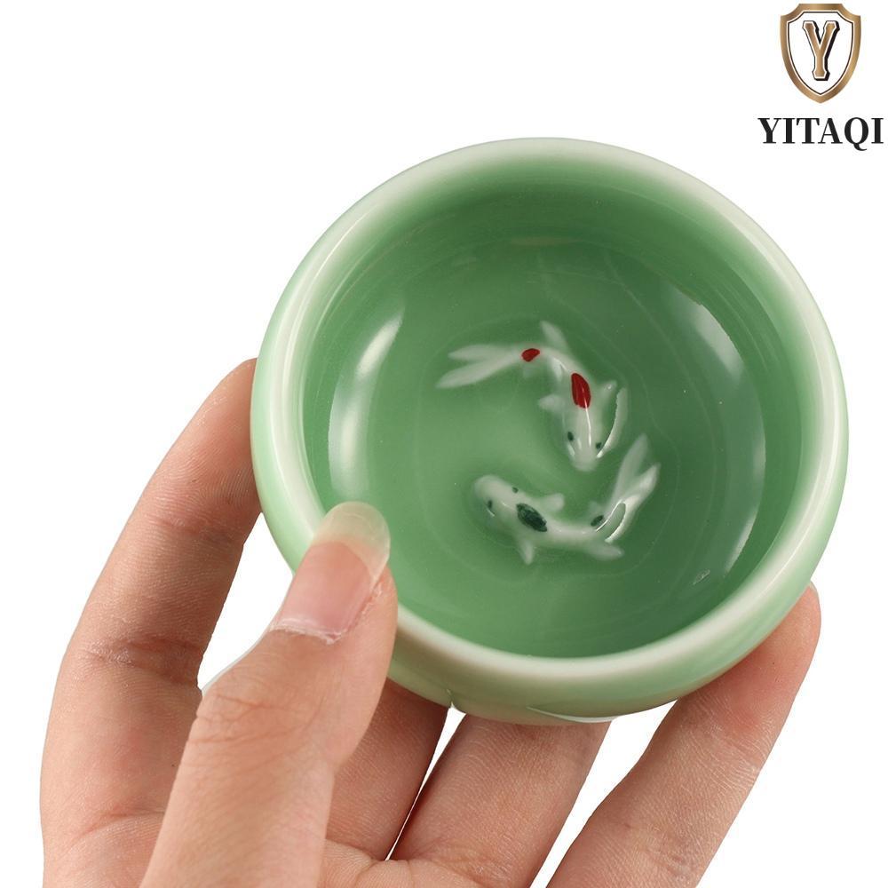 YITAQI Golden Fish Celadon Porcelain Teacups, Crackle Kungfu Longquan Tea Cup, Crackle Tea Cup servi