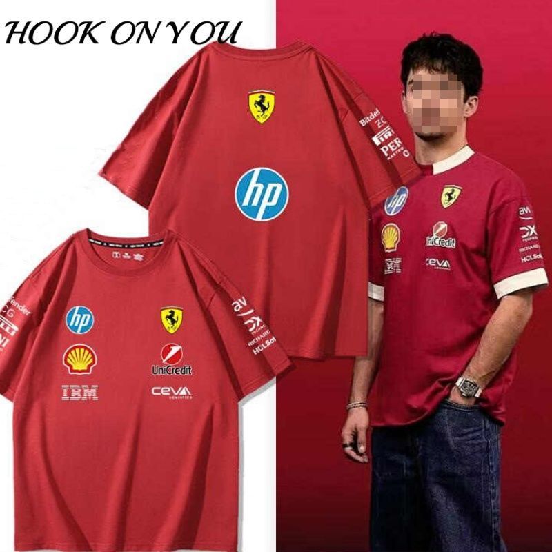 Leclerc F1 racing red team jersey, outdoor sports crew neck pure cotton short-sleeved shirt