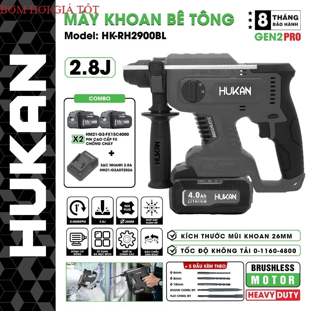 Máy khoan đục bê tông pin HUKAN HK-RH2900BL, Không chổi than 3 Chức Bơm hơi dekton