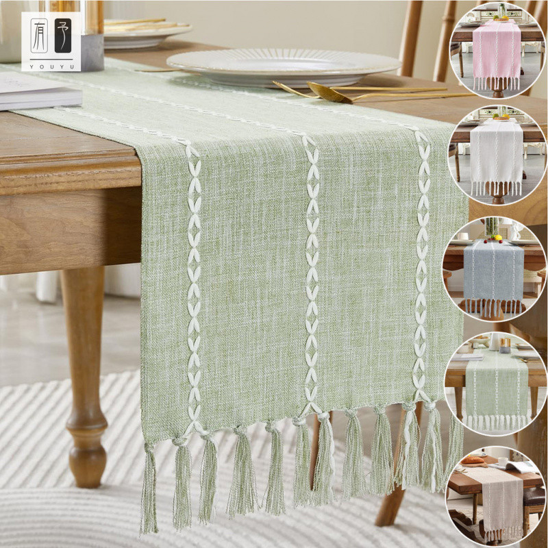 DC|Boho Table Runner Rustic Linen Table Runner Farmhouse Style Table Runners Thêu Table Runner với t