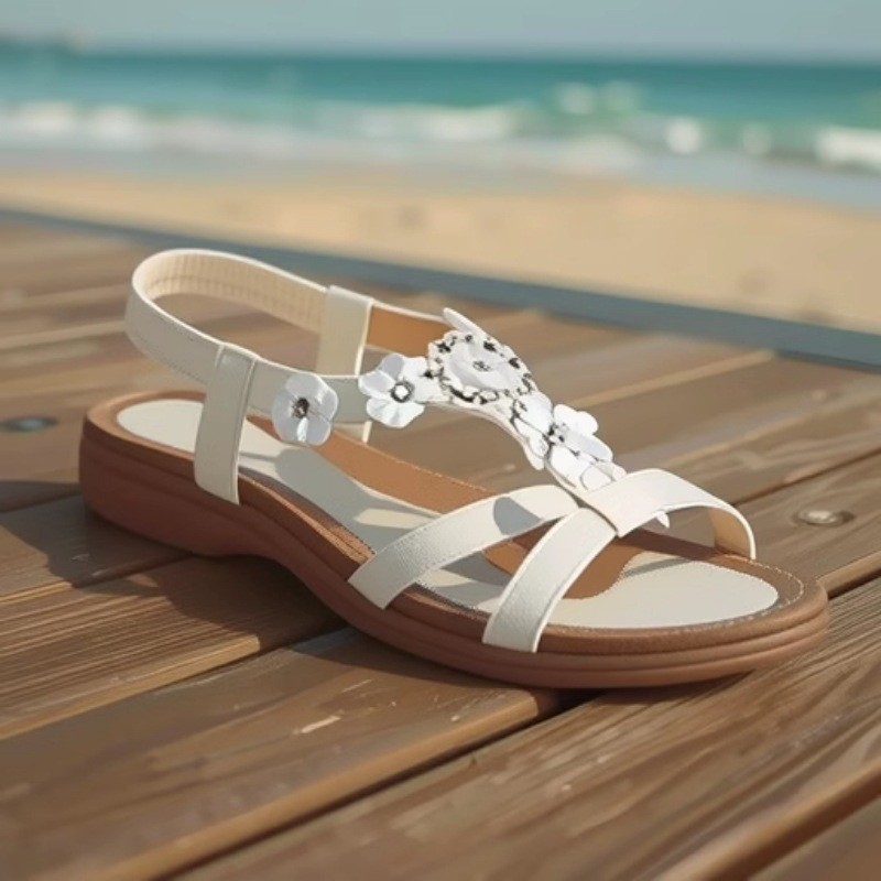 Giày Sandal Bohemian Nữ Kim Cương Giả Chiều Gió Phẳng Ngón Chân Tròn Flip-Flops Giày Sandal Mũi Mở