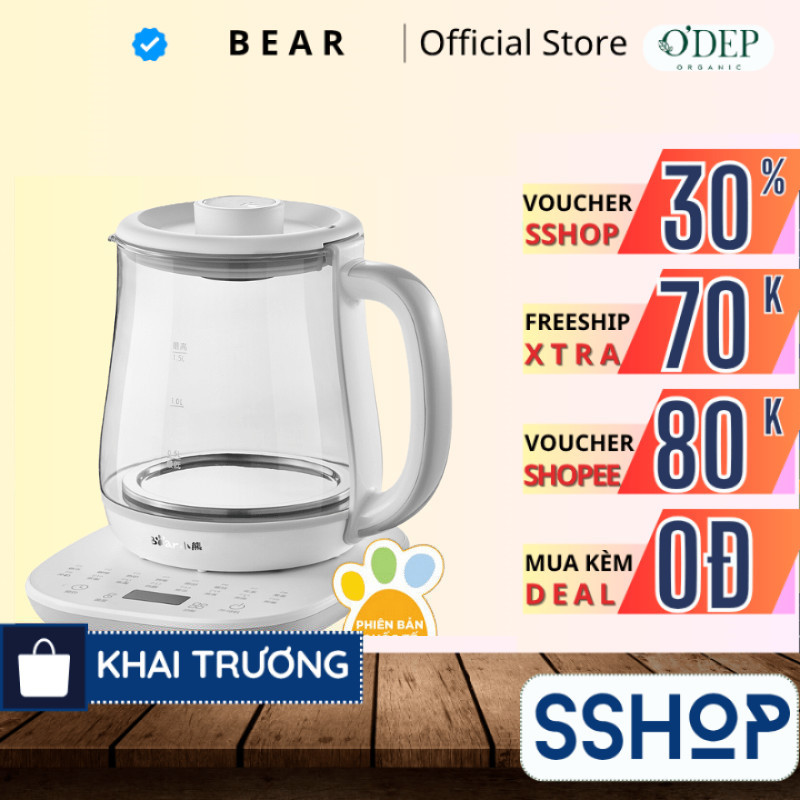 Ấm siêu tốc Bear 1.5 Lít 800W pha trà đa năng Chính hãng, giữ ấm 12 giờ YSH-D15V7 - SSHOP SSO