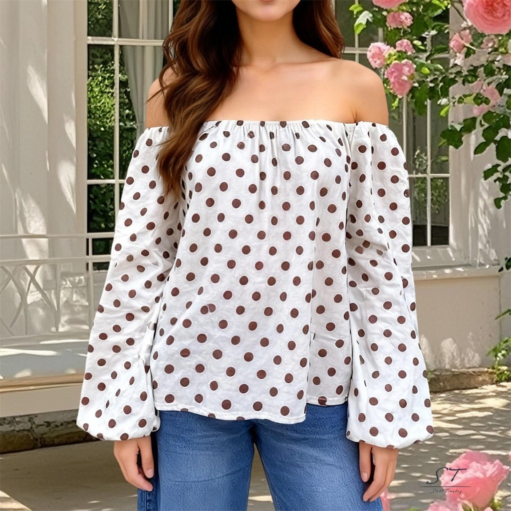 CY03 - Áo Trễ Vai Dài Tay In Chấm Bi Thời Trang Cho Mùa Xuân Thu