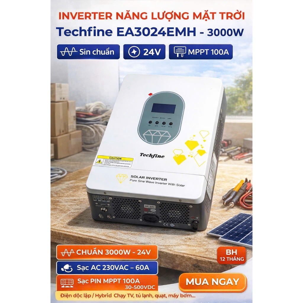 Inverter Techfine 3000W 24V Sin Chuẩn – MPPT 100A – Chạy Tủ Lạnh, TV, Máy Bơm