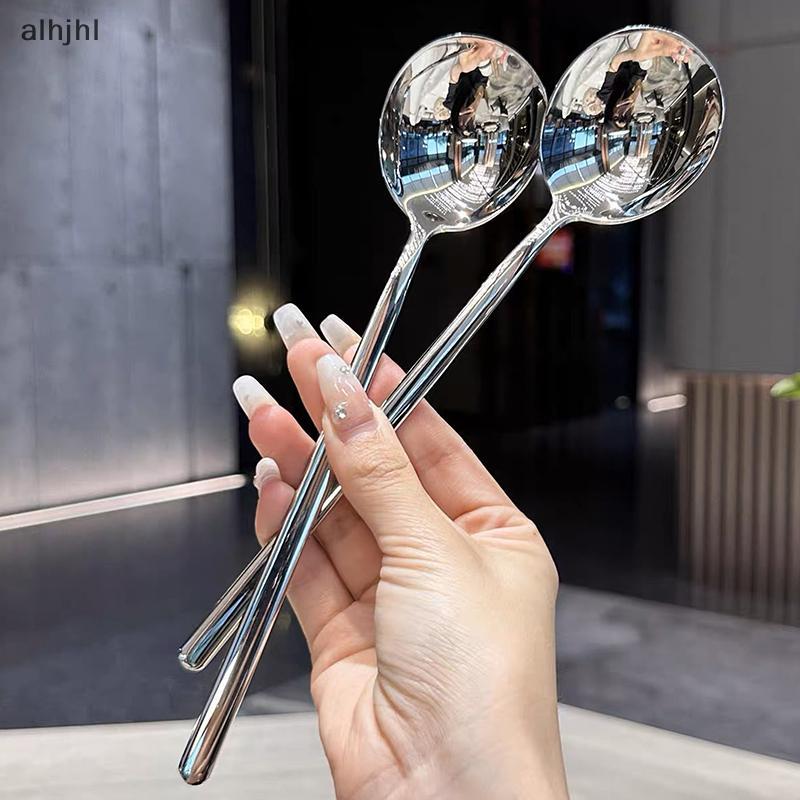 AL Stainless Steel Spoon Korean Long Handle Tableware Thicken Stirring Ice Spoon Meal Spoon Househol