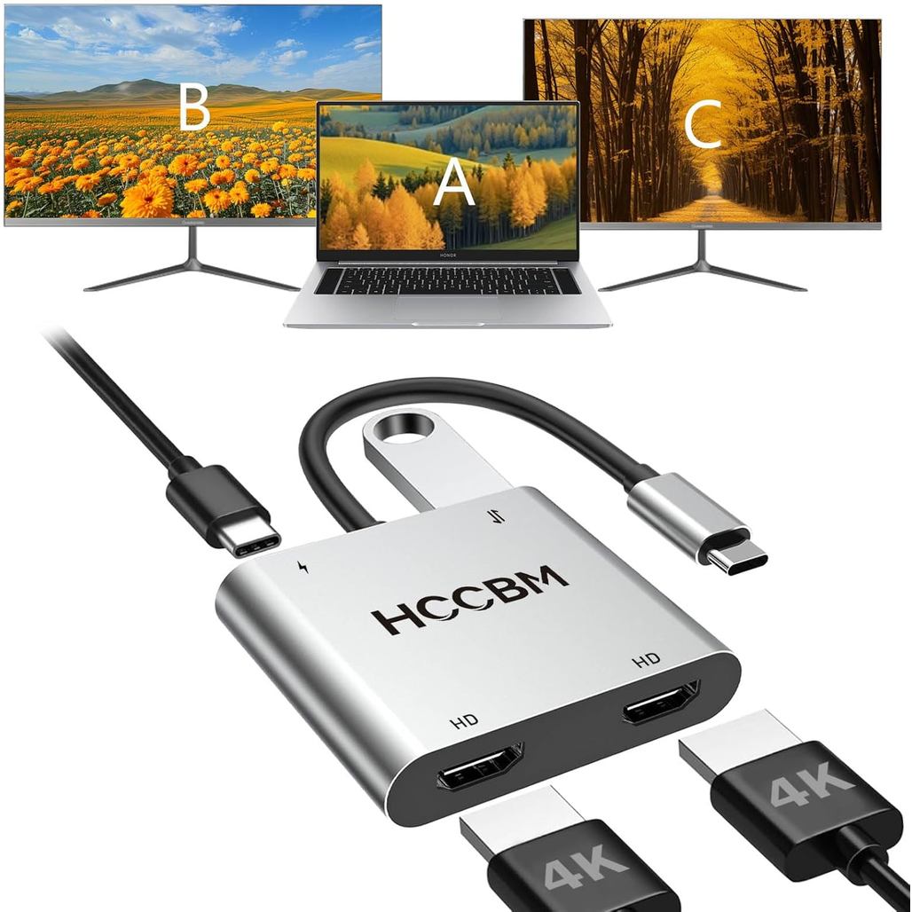 Bộ chuyển đổi USB C sang HDMI kép, Bộ chuyển đổi màn hình kép USB C Hub với 2 HDMI, USB-A, 100W PD D
