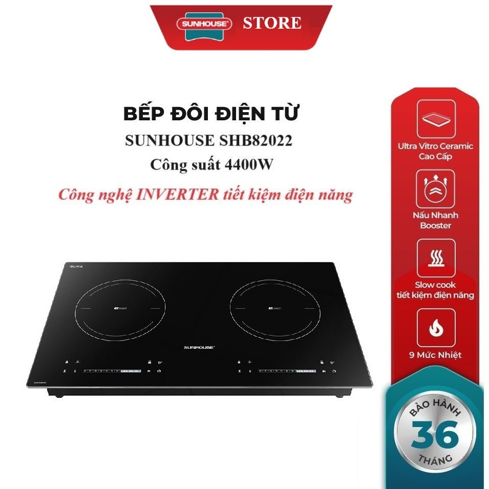 BẾP ĐÔI ĐIỆN TỪ SUNHOUSE SHB82022  - Booster nấu nhanh - 9 mức chỉnh, có tính năng slow cook - Mặt k