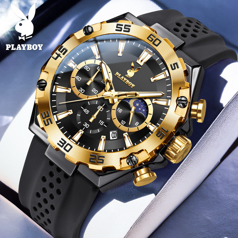 Đồng hồ thương hiệu Playboy 3518 Đồng hồ đeo tay thạch anh thời trang đa chức năng Đồng hồ nam Hộp q