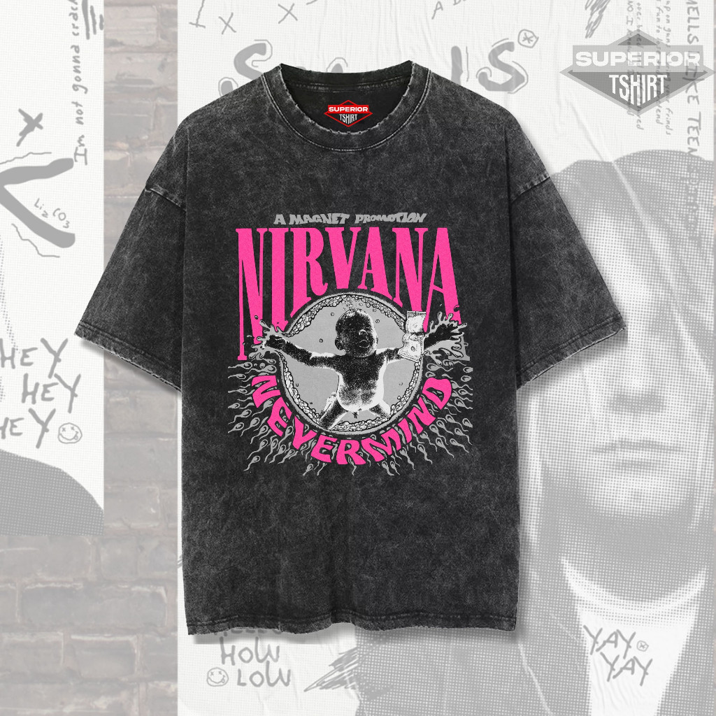 Superior Kaos Nirvana Oversize Stonewash Áo thun Kaos Band Nirvana Nevermind Ews-18