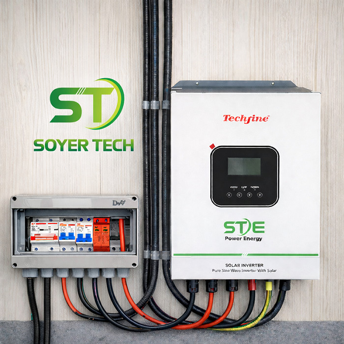 Combo Biến Tần Techfine STE 1200W 12V + Tủ Điện Solar ABS Có SPD DC.