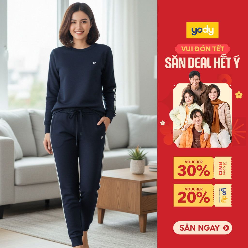 Bộ Đồ Double Face Nữ YODY Cổ Tròn Phối Dây Dệt Set Áo Quần dài tay WASL25F005