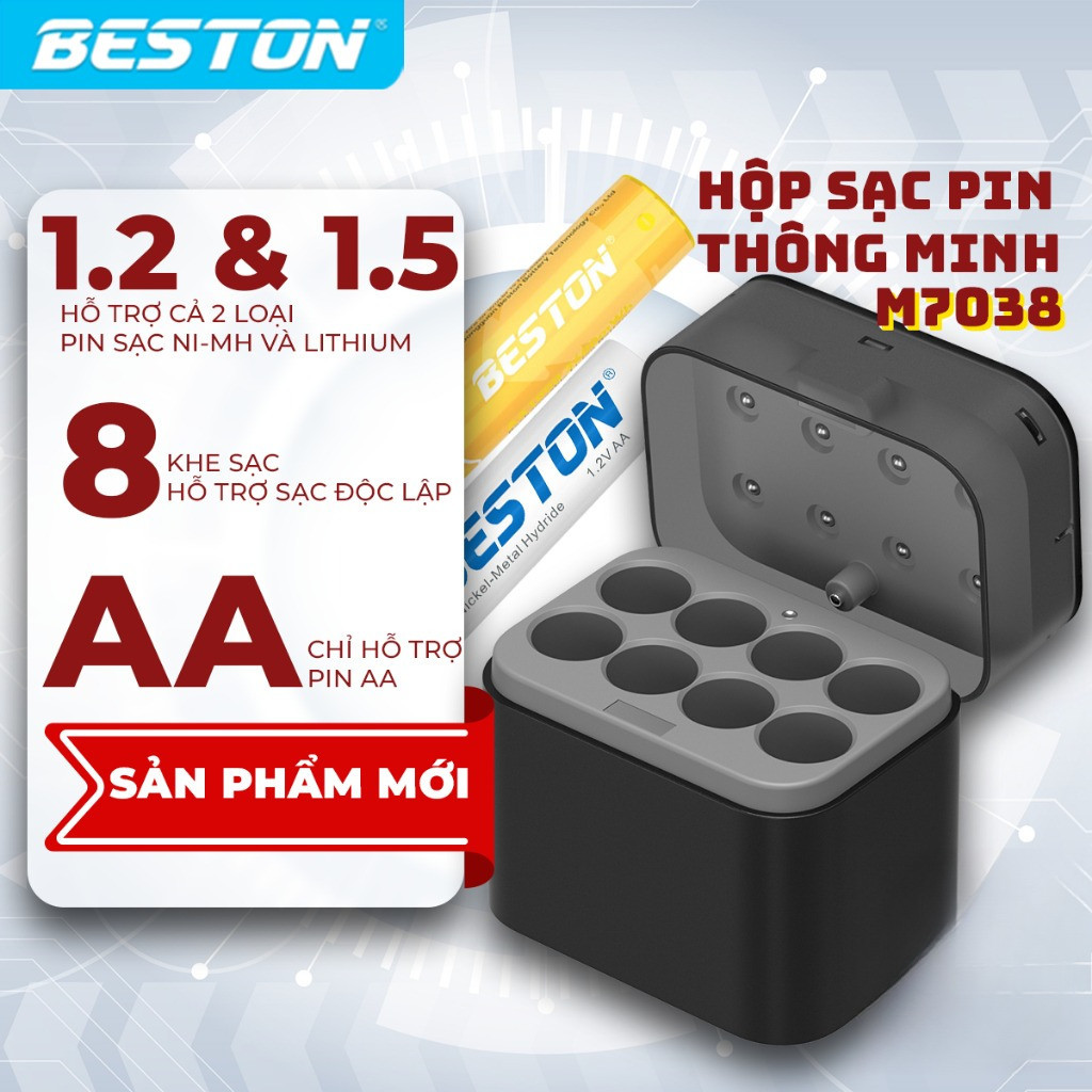 Sạc pin Beston M7038 cho cả loại 1.2V và 1.5V, cổng sạc USB-C tiện lợi, có đèn báo sạc thông minh