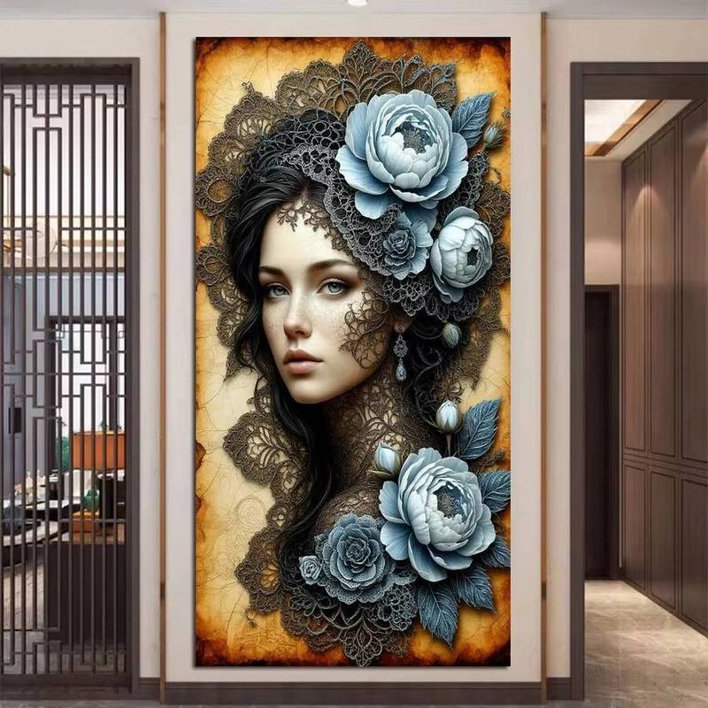 Woman Peony Flower HD Poster No Frame Canvas Painting For Home Room Wall Decor